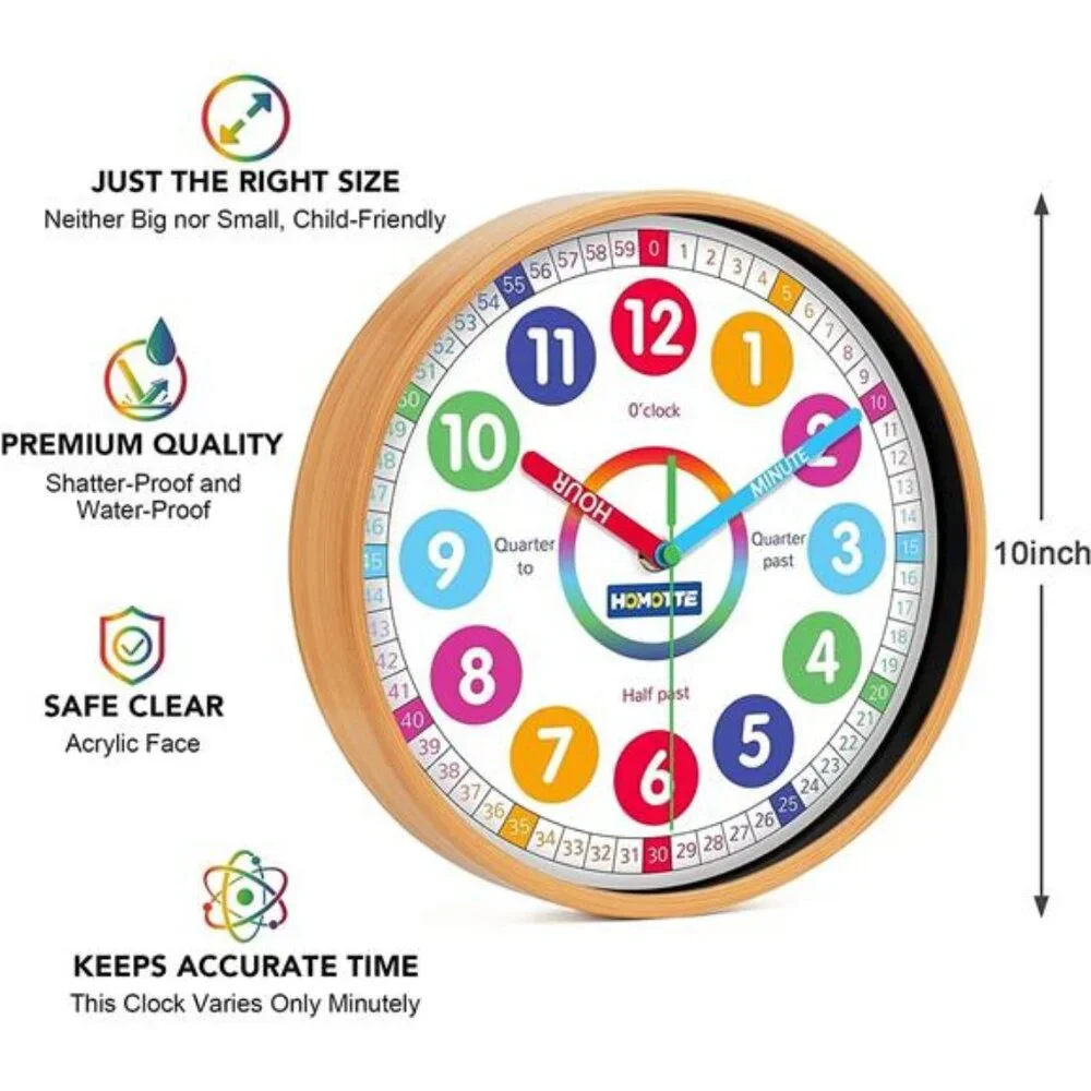 Kids Wall Clock for Bedroom, 10 inch Round Multi-Colored Learning